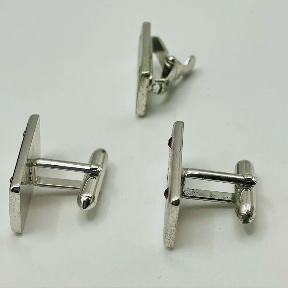 SWANK Silver-Tone 'I-GO-4-U' License Plate Cufflinks and Tie Clip w/Red Crystals